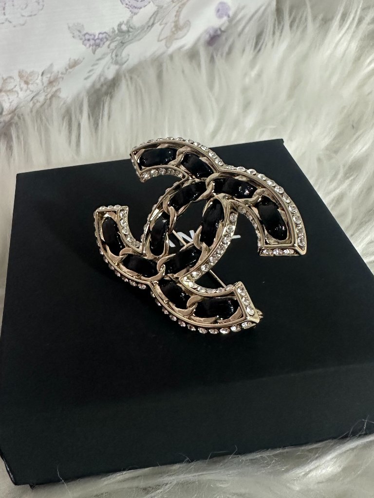 Chanel Double C Black Enamel & Crystal Brooch, Luxury Accessory